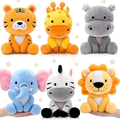 6 Pcs Small Stuffed Safari Animals Bulk, 7 Inch Jungle Animals Stuffed Toys, Adorable Plush Lion Zebra Giraffe Tiger Hippo Elephant for Baby Shower Safari Jungle Themed Party Student Award