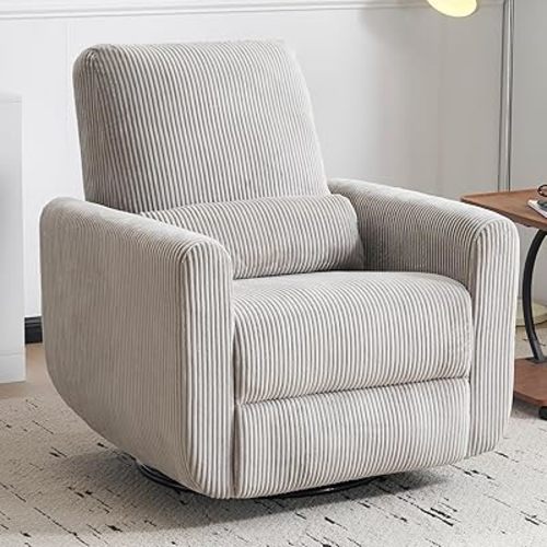 360° Swivel Glider Recliner Chair, Oversized Rocker Recliner with Heating and Massage, Glider Chair for Nursery with Pillow,24" Extra Wide Rocking Chair for Living Room, Corduroy Grey
