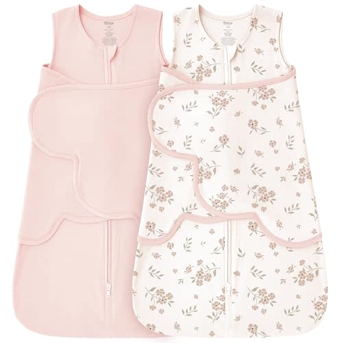 Konssy Rayon Made from Bamboo Newborn Baby Sleep Sack 2 Pack, 3-Way Swaddle Sack with Removable Adjustable Wings, Soft Stretchy Infant Wearable Blanket with 2-Way Zipper, 0-3 Months