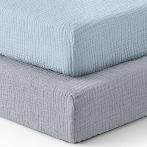 Blissful Diary Muslin Crib Sheets for Girl Boy, Boho Neutral Soft Cotton Baby Sheet for 52''x28'' Standard Crib Mattress, 2 Pack(Light Blue&Grey)