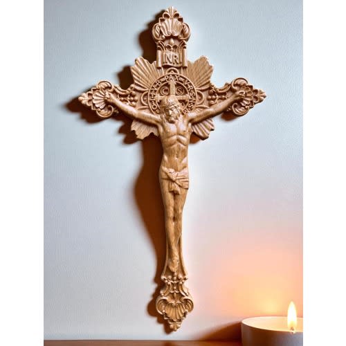 Hand Carved Wooden Crucifix Cross: Catholic Home Altar Art