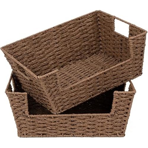 StorageWorks Round Paper Rope Woven Basket for Pantry Organizers and Storage, Stackable Pantry Storage Baskets for Shelves, Brown, 2-Pack