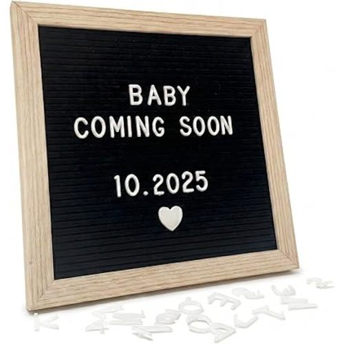 C CRYSTAL LEMON Black Felt Letter Board 10x10in, Baby Announcement Sign & Pregnancy Announcement Board, 336 Letters, Wooden Frame, Wall Mount or Stand