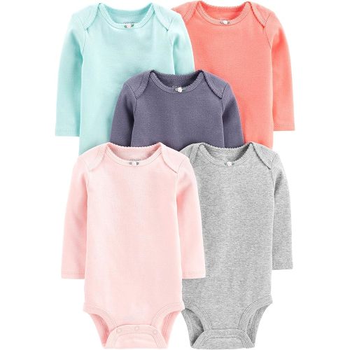 Simple Joys by Carter's Baby Girls' Long-Sleeve Bodysuit, Pack of 5, Grey/Mint Green/Navy/Peach/Pink, Newborn