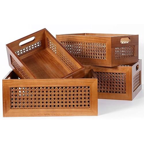 Wooden Storage Basket Set of 4 Handmade Rattan Drawer Storage Box with Frame & Handles Decorative Natural Bamboo Woven Bins Rustic Farmhouse Decor Home Office Tabletop Shelf Organizer