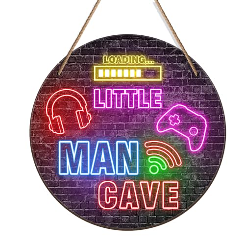Little Man Cave Sign, Boys Teenage Room Hanging Wall Art Decoration, Christmas Birthday Gift for Son Kid, Playroom Nursery Decor for Game Lover Gamer Wall Decor 12″x 12″