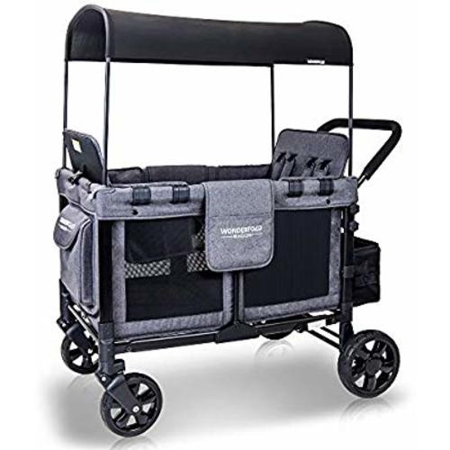 WONDERFOLD W4 4 Seater Multi-Function Quad Stroller Wagon with Removable Raised Seats and Slidable Canopy, Gray