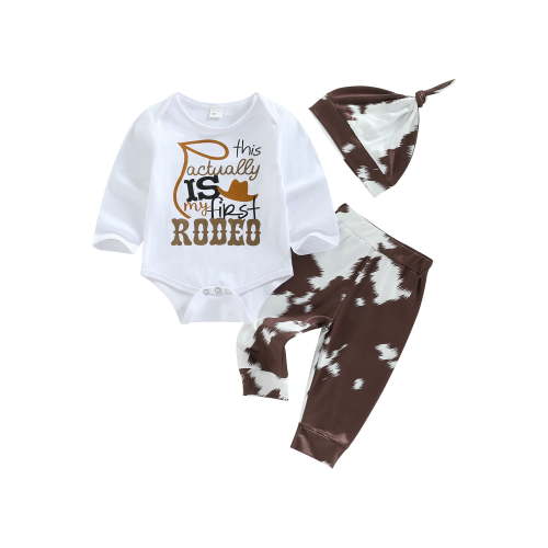 Canrulo 3PCS Newborn Baby Boy Clothes Western Cowboy Letter Printed Bodysuit Romper Pants Hat Outfits Brown 0-3 Months