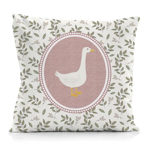 Rustic Pink Goose Pillow Cover 18x18, Goose Nursery Decor, Cottagecore Botanical Farm Animal Decorative Throw Pillow Covers Cases for Baby Girls Nursery Kids Room Home Bedroom