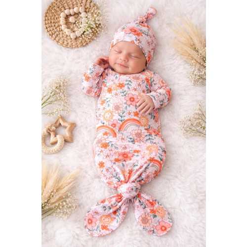 Pink Floral Baby Gown Set, Newborn Knotted Sleeper, Sunshine Rainbow Baby Outfit, Baby Girl Coming Home Outfit