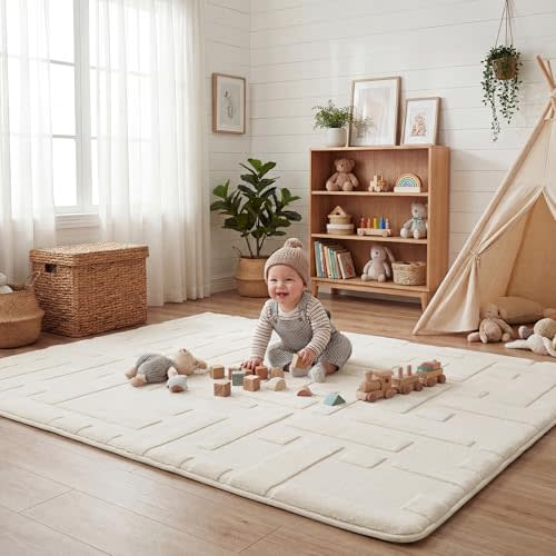 59x79 Baby Play Mat, 1.3" Thick Plush Foam Mats for Crawling, Ivory | Waterproof Non-Slip, Padded Memory Foam for Baby Tummy Time 100% Baby-Safe Materials Nursery Rug for Playroom Living Room