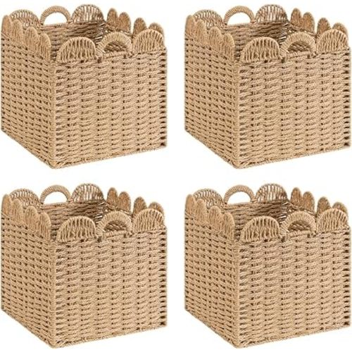 4 Pack Scalloped Wicker Storage Cubes Basket,10.5"x10.5"x10.5" Heavy Duty Paper rope Baskets for Shelves,Bathroom, Bedroom, Laundry, Pantry (Khaki&10.5 x 10.5 x 10.5in&4-Pack)