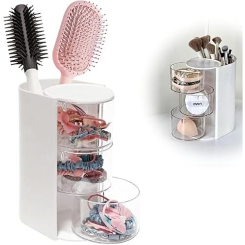 Hair Accessory Organizer, Hair Brush Organizer, 3-Tier Clear Hair Accessories Organizer Rotatable, Perfect for Hair Ties Clips and Small Bows Clip Earring Necklaces, A Girl The Latest Gift white