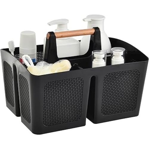 ALINK Portable Shower Caddy Basket with Compartments, Plastic Divided Cleaning Caddy Organizer Storage Tote with Handle for Bathroom, College, Dorm Room Essentials, Black