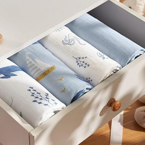 PHF Muslin Swaddle Blankets for Newborn, Large 47x 47 Inches, 4 Pack Organic Soft Breathable Receiving Blankets, Skin-Friendly Muslin Baby Swaddles for Boys, Baby Essentials Shower Gifts, Sea & Whale