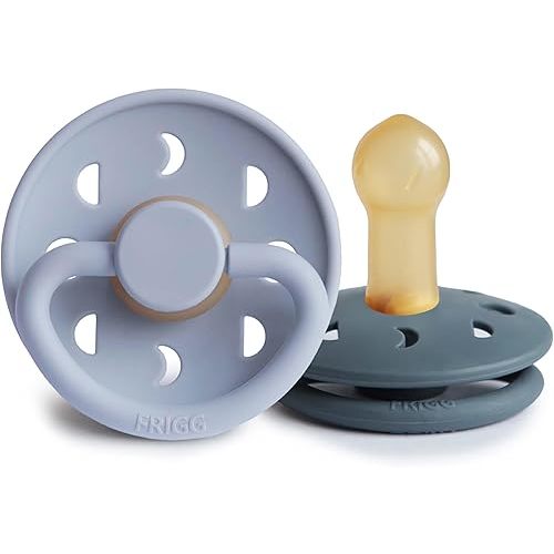 FRIGG Moon Natural Rubber Baby Pacifier | Made in Denmark | BPA-Free (Powder Blue/Slate, 6-18 Months) 2-Pack
