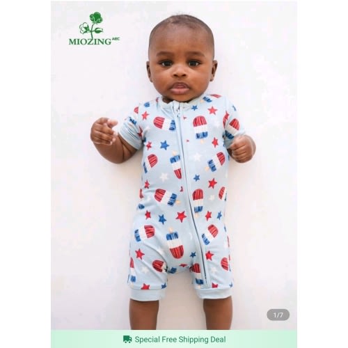 Bamboo Fiber Baby Romper -Blue Ice Cream & Stars Print