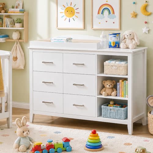 Vabches Kids Dresser Cabinet with 6 Drawers, Changing Table for Nursery | White Baby Dresser with Changing Table and 3 Open Shelves, Multi-Functional Chest of Drawers, Kids Bedroom Furniture