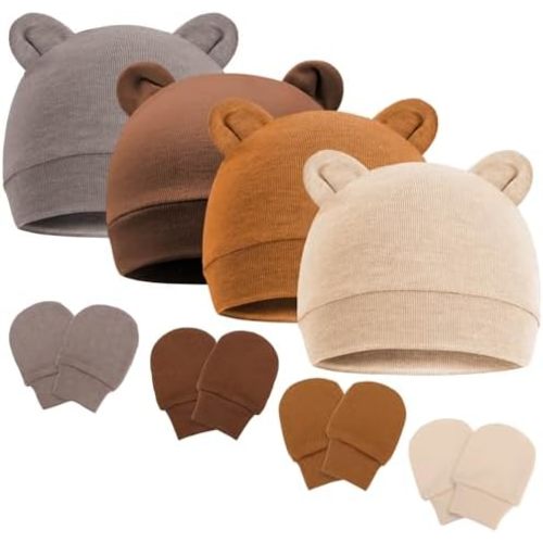 Newborn Baby Hat and Mittens Set Bear Ears Toddler Infant Beanie Caps Newborn Hospital Hat for Baby Boy Girl 0-3 Months