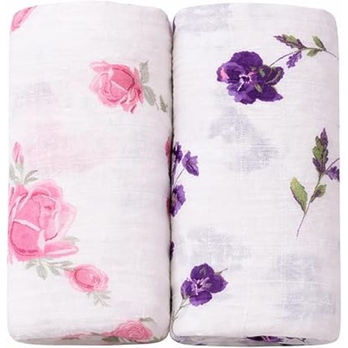 Margaux & May Muslin Baby Swaddle – 100% Cotton, Large 47” x 47” Newborn Swaddle, Soft & Breathable Muslin Swaddle Blanket, Pink and Purple Flowers