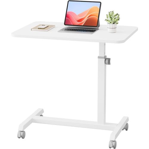 GTPLAYER Mobile Small Standing Desk, Sit Stand Portable Rolling Laptop Desk with Lockable Wheels, Adjustable Height Overbed Bedside Table Computer Workstations, White
