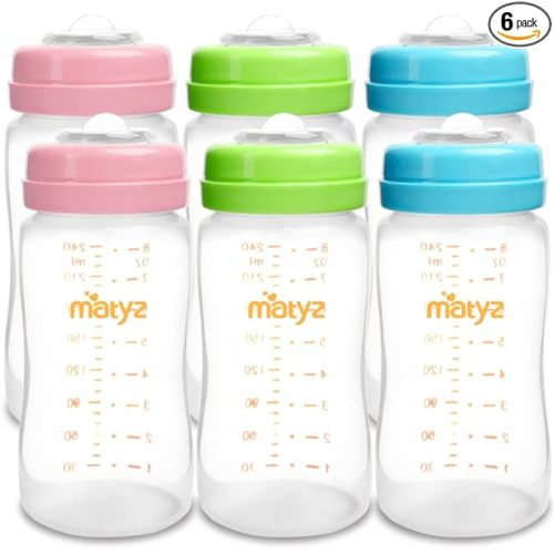 Matyz 6-PACK Breast Milk Storage Bottles (8 Ounce, 3 Colors) - Wide Neck Breastmilk Collection and Storage Bottle - Formula Storage Bottles Compatible With Medela Avent Spectra Pumps