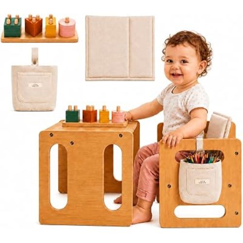 Montessori Weaning Table & Chair Set – Kids Desk & Activity Table with Flip Chair, Removable Cushion, Hanging Pouch & Toy, Convertible, Indoor/Outdoor Toddler Dining, Play & Learning