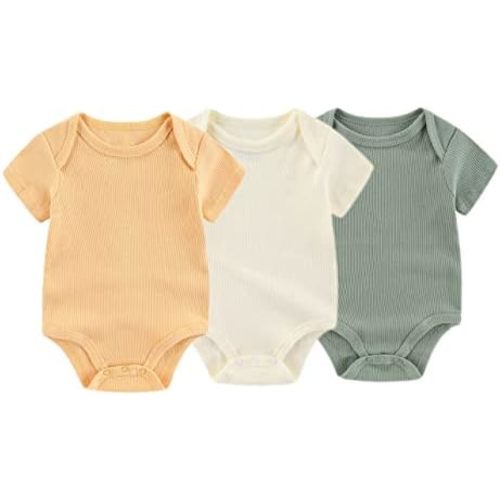 Chamie Newborn Boy Girl Bodysuit Infant Short Sleeve Jumpsuit Solid Ribbed Romper Outfits