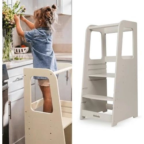 dadada Baby Montessori Toddler Tower - Adjustable Kitchen Step Stool for Kids with Safety Rail - Baby-Safe Finish, Encourages Cooking Skills and Independence - Almond Milk