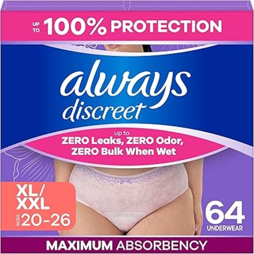 Always Discreet Adult Diapers for Women, Incontinence Underwear, Postpartum Essentials, Disposable Briefs, Max Absorbency, Bladder Leak Protection, Extra Large/XL, 64ct