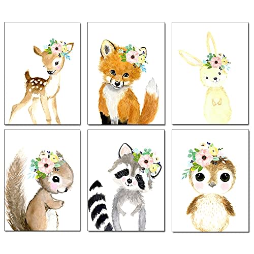 Woodland Watercolor Animals Nursery Wall Art Prints,6 Pieces Cute Safari Baby Floral Crown Animals Posters Pictures Wall Decor for Kids Girls Room Playroom Toddler Room(Unframed, 8 x 10 Inch)