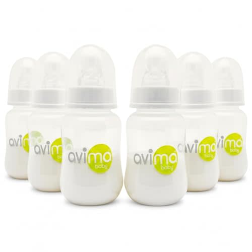 Avima 4 oz Anti Colic Baby Bottles w Slow Flow Nipples. 0-3M (Set of 6) | Narrow Neck Bottle with Stage 1 Silicone Nipples