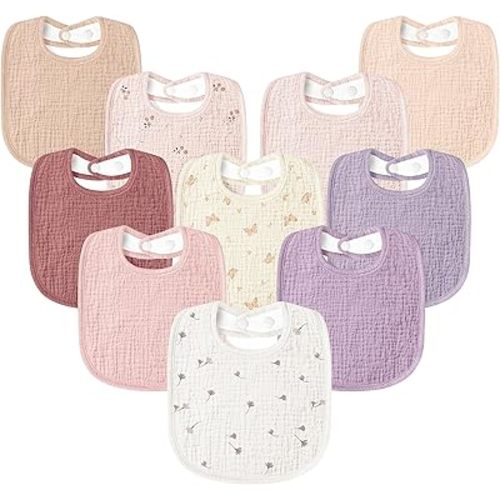 Susurration Muslin Baby Drool Bibs 10Pack Soft Square Adjustable Bandana Bibs for Unisex Baby Girls & Boys