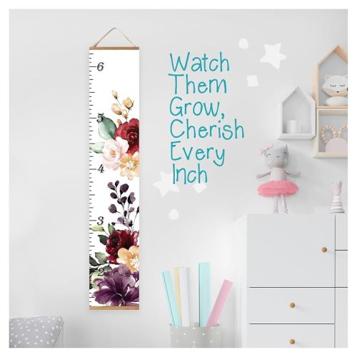 Baby Kids Canvas Hanging Growth Chart Height Ruler Portable 12"x60" Measures from 1'5" to 6'3" Nursery Wall Decor Shower Gift