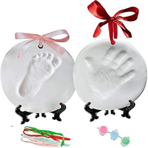 NOVARENA Baby Handprint Kit Footprint Ornament Keepsake (Newborn Bundle) 2 EASELS, 4 Ribbons & 3 Paint Tubes Clay Casting Kit Baby Boy Girl (Deluxe Clay Keepsake Kit) (Deluxe Clay Keepsake Kit)