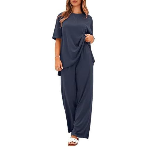 Totatuit Two Piece Sets For Women Summer Travel Vacation Airport Outfits Short Sleeve Oversized Loungewear Sets