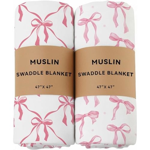 2 Pack Pink Bow Muslin Swaddle Blankets 70% Bambo 30% Cotton Breathable Receiving Blankets Newborn Essentials for Baby Girl Soft and Large 47 x 47 Inches (Bow)