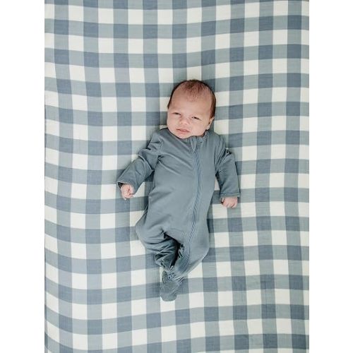 Dusty Blue Gingham Muslin Crib Sheet by Mebie Baby, Soft and Breathable Bed Sheets for Babies, Modern Neutral Bedding for Cribs, Standard Crib Mattress Fitted Sheet, Great for Boy or Girl Room