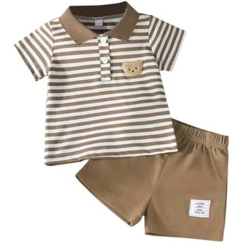 Baby Boy Shorts Set Summer Clothes Toddler Bear Embroidery Striped Short Sleeve Lapel T-shirt Shorts Outfit