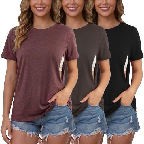 Ecavus Women's 3-Pack Nursing Shirts for Breastfeeding with Hidden Zippers Loose Fit Maternity Tops