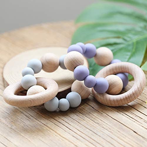 Baby Teether Bracelet Silicone Teether Wooden Teether Ring Nursing Safe Organic 2pc Bangle Teether Toys - Light gray & lilac purple