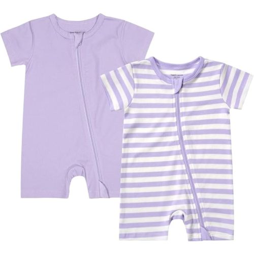 Teach Leanbh Unisex Baby 2 Pack Pajamas Cotton Short Sleeve 2 Way Zipper Stripe Soild Romper Jumpsuit Sleep and Play