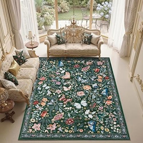 Butterfly 6x9 Area Rugs with Flowers, Dark Green Insect Bug Soft Washable Rug Non Slip with Rubber Backing, Stain Resistant Indoor Rugs for Living Room Bedroom Dining Room Nursery Office