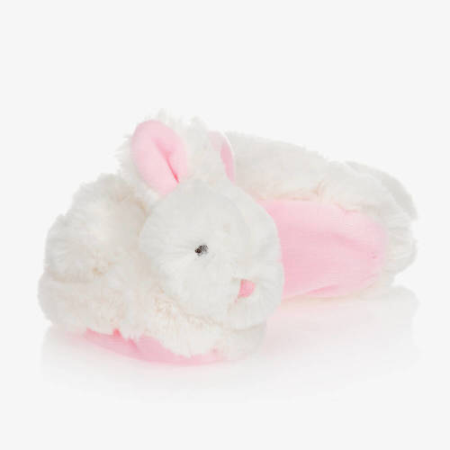 Doudou et Compagnie - White & Pink Plush Rattle Baby Slippers | Childrensalon