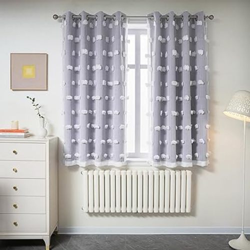 Lilac Curtains for Girls Bedroom Kids Curtain 54 Inches Length White Pom Pom Sheer Small Window Curtains 2 Panels Double Layer Curtains Grommet Room Darkening Nursery Curtains, W52 X L54