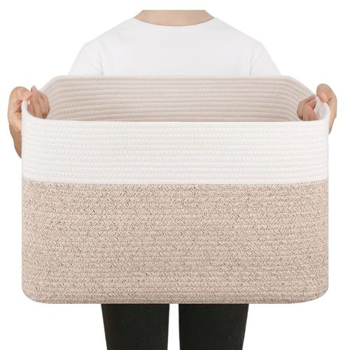 Blanket Basket, Cotton Rope Woven Storage Basket for Living Room, Toy Bin for Kids, Nursery, Baby Room Decorative Organizer, 18''×14''×12'', Brown & White