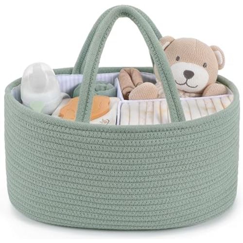 Maliton Diaper Caddy Organizer for Baby, Portable Diaper Storage Organizer for Changing Table and Car, Cotton Rope Nursery Storage Bin Basket for Baby Shower, Newborn Essentials Must Haves - Green