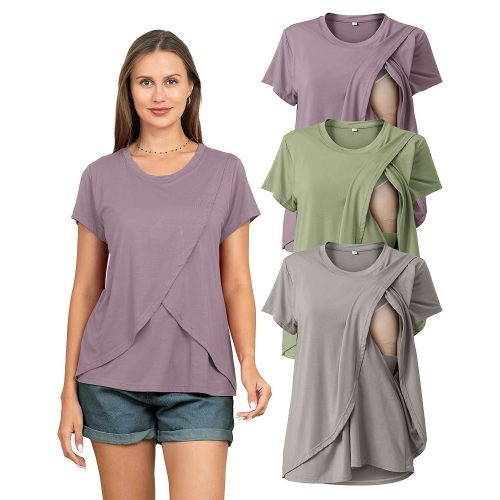 Rnxrbb 3 Pack Women's Nursing Tops for Breastfeeding Summer Short Sleeve T Shirts Postpartum Double Layer Clothes