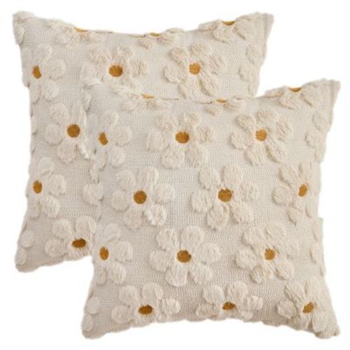 REGALWOVEN Daisy Flower Farmhouse Soft Modern Throw Pillow Covers for Sofa Holliday Home Decor 18 x 18 Inch 2 Pcs Beige