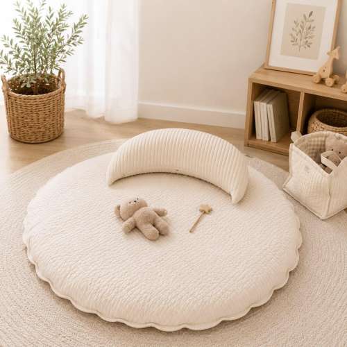 Round Quilted Cotton Baby Play Mat, Neutral Nursery Rug, Tummy Time Floor Cushion